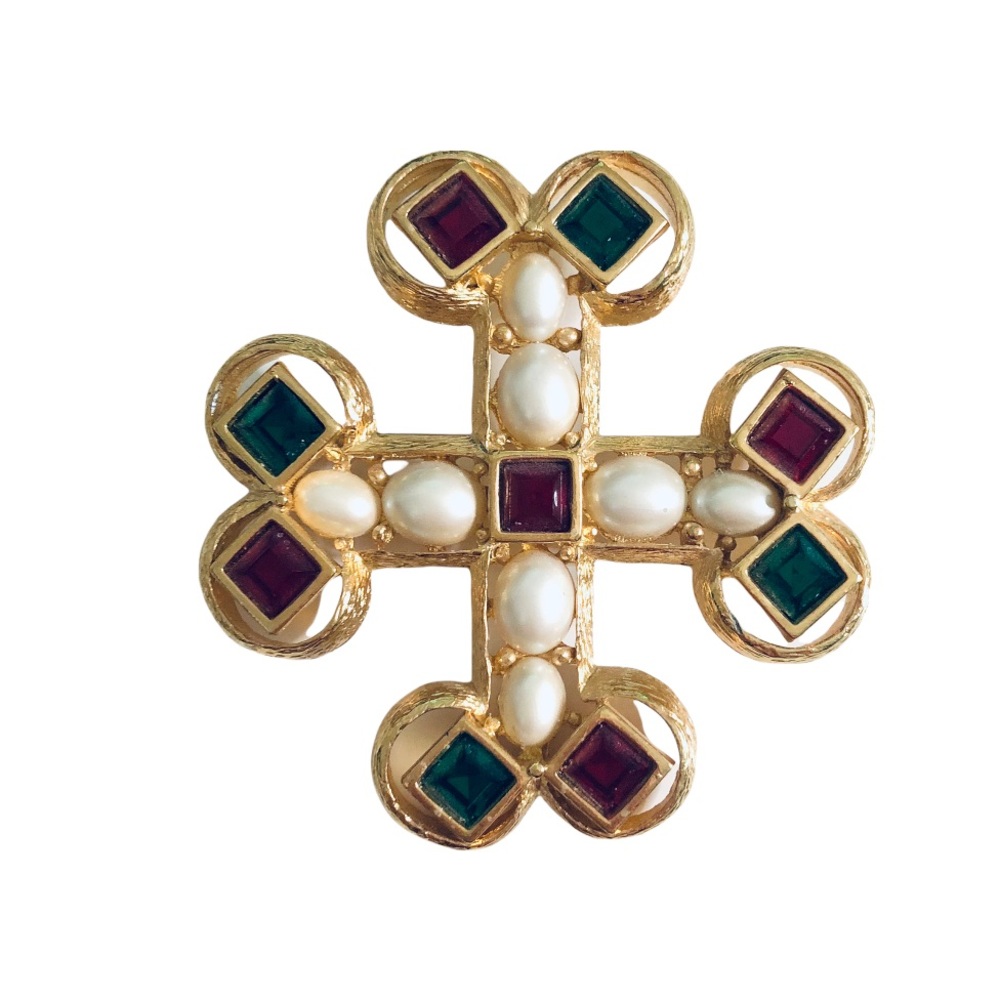 Joan Rivers Maltese Cross Brooch Vintage Red Green Faux Pearl Gold Christmas